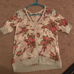 Floral button down blouse silver trim